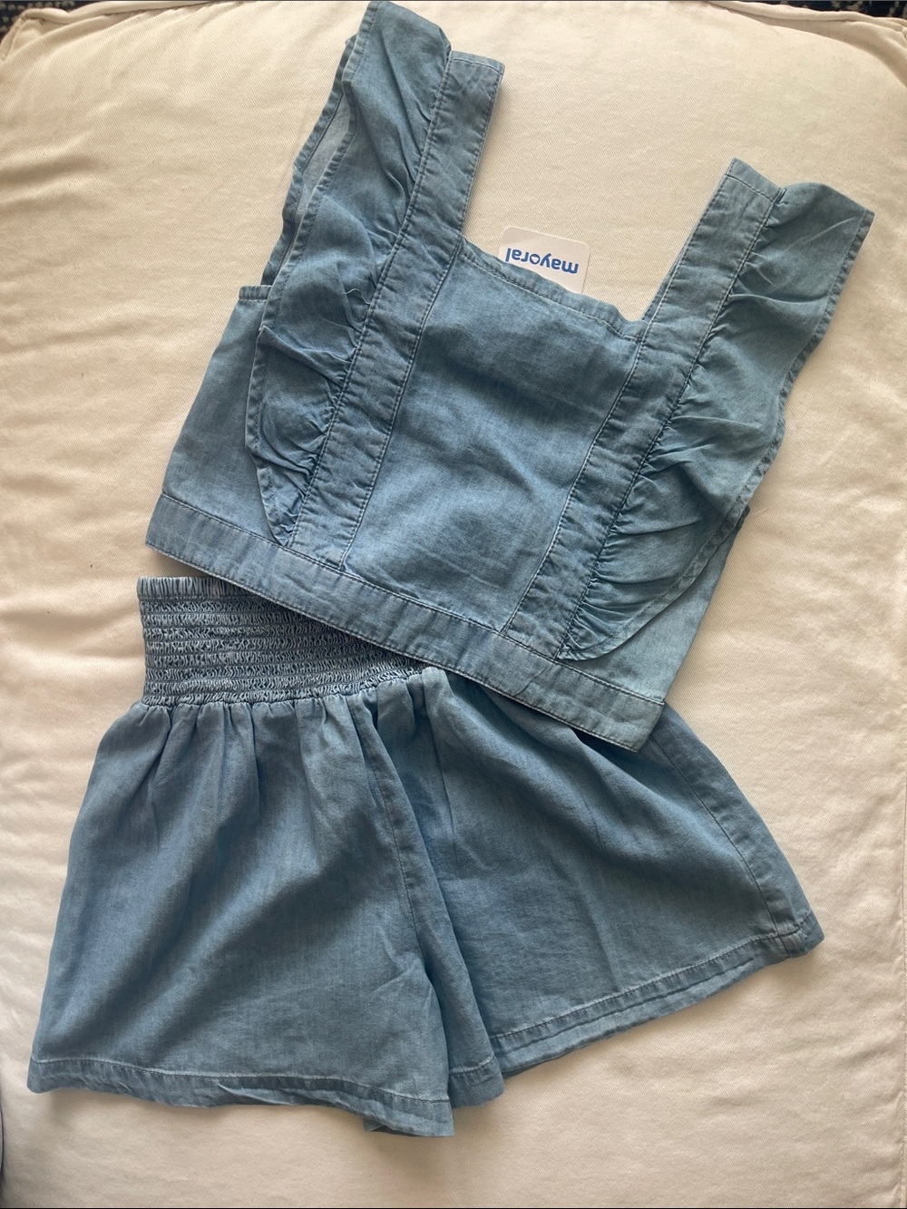 NWT Girls Size 12 Mayoral Light Blue Chambray Ruffle Tank & Elastic Waist Shorts